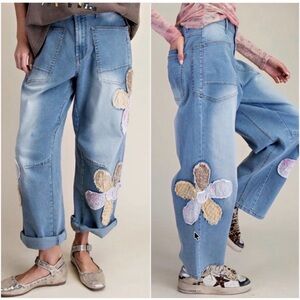 EASEL Floral Patchwork High Rise Stretchy Comfy Barrel Jeans!